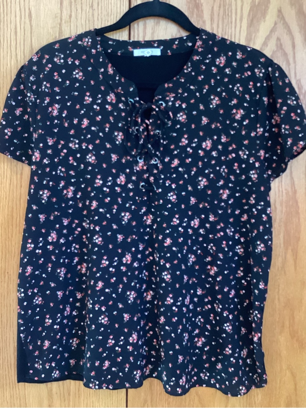Maurices Black Short Sleeve Floral Lace-Up Top